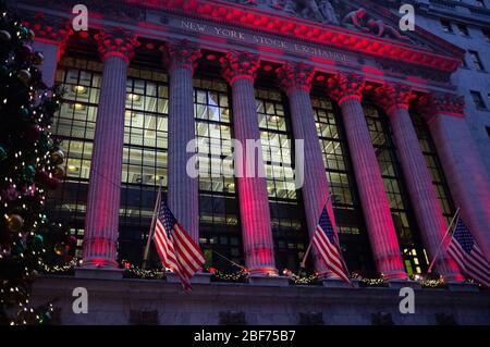 The New York Stock Exchange at Christmas time. Manhattan, New York. Stock Photo