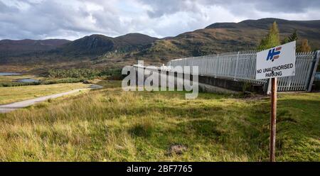 Glenn Cannich, Beauly, Inverness-Shire, Scotland, UK 24/09/19. Late September in Glen Cannich and the Mullardoch Dam with parking sign Stock Photo