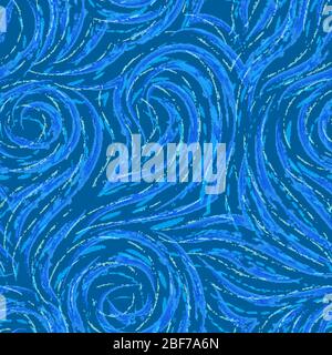 Seamless vector texture of waves and curls on a blue background with turquoise splashes of paint. Watercolor pattern for decorating fabrics or paper Stock Vector