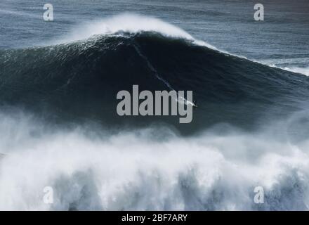 Surfer surfing monster wave in Nazare Portugal Stock Photo