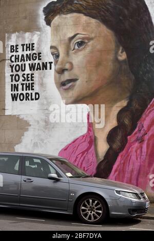 A large mural of Greta Thunberg painted on the side of a house in Brighton Stock Photo