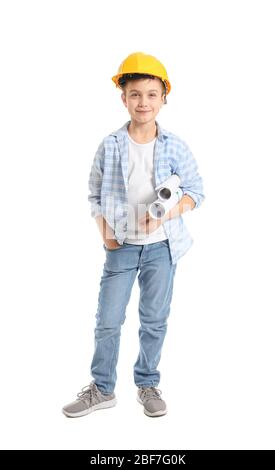 Cute little architect on white background Stock Photo