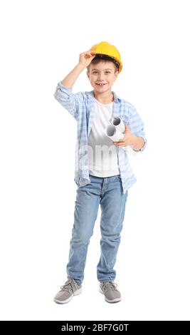 Cute little architect on white background Stock Photo