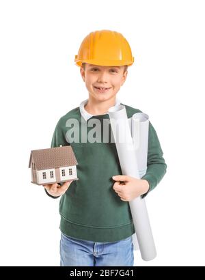 Cute little architect on white background Stock Photo