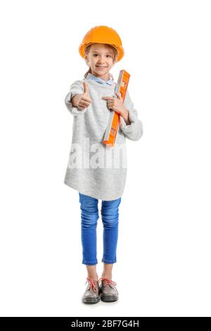 Cute little architect showing thumb-up on white background Stock Photo