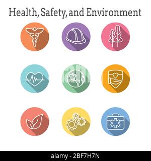 Health Safety & Environment Icon Set  with medical, safety, and leaves icons Stock Vector
