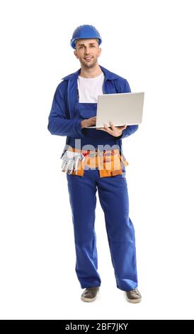 Handsome male worker with laptop on white background Stock Photo