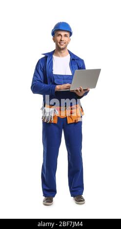 Handsome male worker with laptop on white background Stock Photo