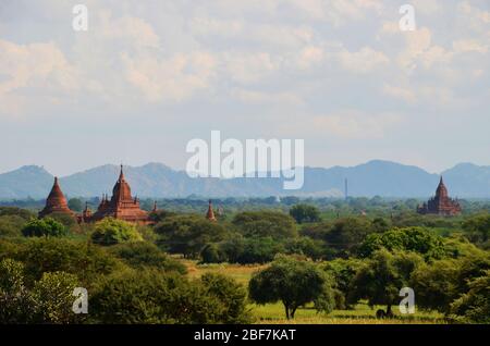 Red bricked temples in central plain Bagan Myanmar Stock Photo