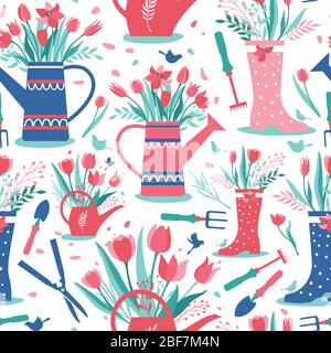 Decorative seamless surface pattern with garden tools. Template for design textile, greeting cards, wrapping paper, packages, backgrounds. Vintage Stock Vector