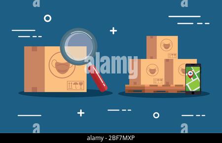 set banner of boxes with face masks and icons Stock Vector