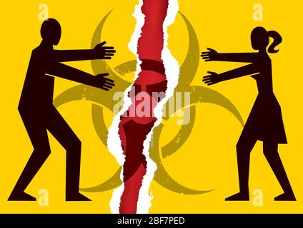 Separated couple, quarantine, longing. Illustration of torn paper with young heterosexual couple silhouettes and biohazard icon. Vector available.