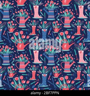 Decorative seamless surface pattern with garden tools. Template for design textile, greeting cards, wrapping paper, packages, backgrounds. Vintage Stock Vector
