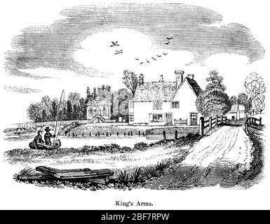 An engraving of The Kings Arms (now Ye Old Rye House Inn) Hoddesdon scanned at high resolution from an angling book printed in 1825. Stock Photo