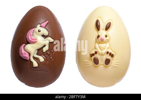 Thorntons milk chocolate Unicorn Easter Egg & Thorntons white chocolate Bunny Egg isolated on white background ready for Easter Easter eggs Stock Photo