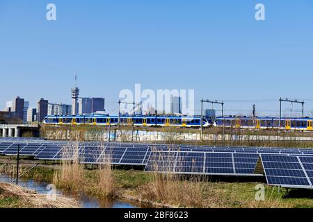 A field with solar panels with on the background the skyline of the dutch city The Hague. Stock Photo