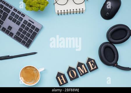 Flat lay composition with keyboard, headphones, coffee and other Stock Photo