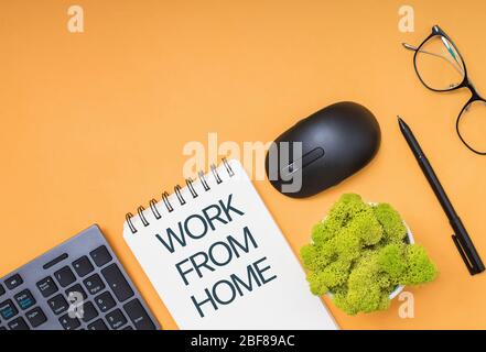 Quarantine concept flat lay of work space essentials with copy space. Stock Photo