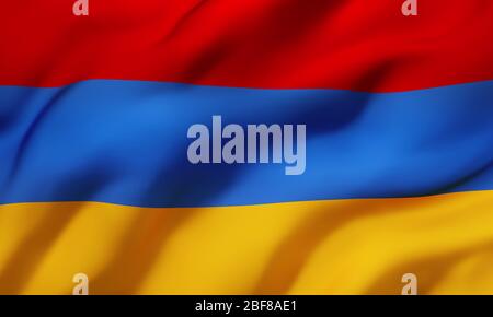 Flag of Armenia blowing in the wind. Full page Armenian flying flag. 3D illustration. Stock Photo