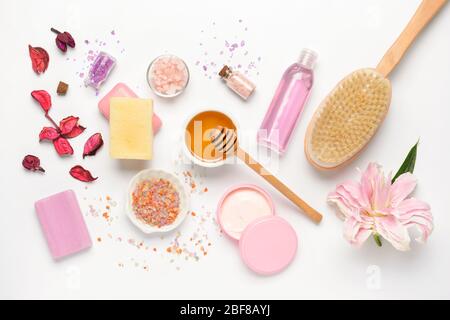 Composition with spa items and honey on white background Stock Photo