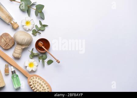 Composition with spa items and honey on white background Stock Photo