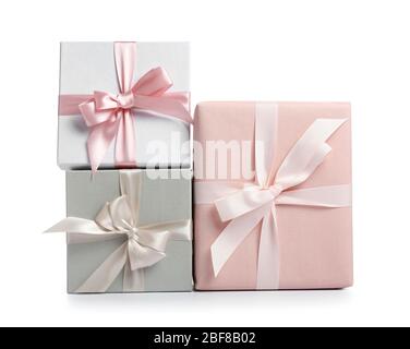 Beautiful gift boxes on white background Stock Photo
