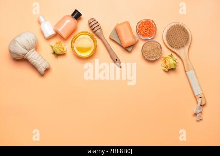 Composition with spa items and honey on color background Stock Photo
