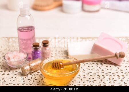 Composition with spa items and honey on table Stock Photo