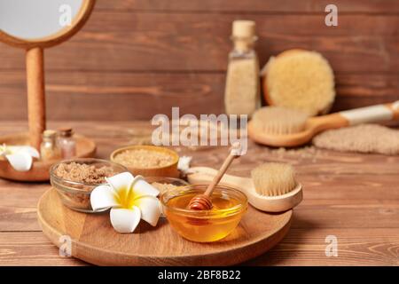 Composition with spa items and honey on table Stock Photo