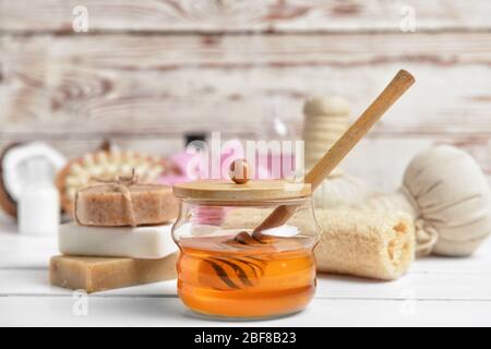 Composition with spa items and honey on table Stock Photo