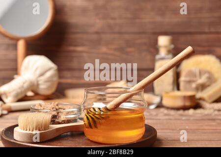 Composition with spa items and honey on table Stock Photo