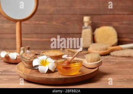 Composition with spa items and honey on table Stock Photo