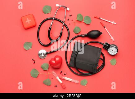 First aid kit on color background Stock Photo