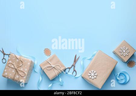 Beautiful gifts for Christmas on color background Stock Photo