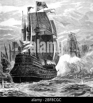 Spanish Armada Naval Battle Against British Royal Navy or English Fleet in the English Channel. the Armada comprised 130 Spanish Ships, part of the Anglo-Spanish War (1585-1604) and the Eighty Years War. Vintage or Old Illustration or Engraving 1888 Stock Photo