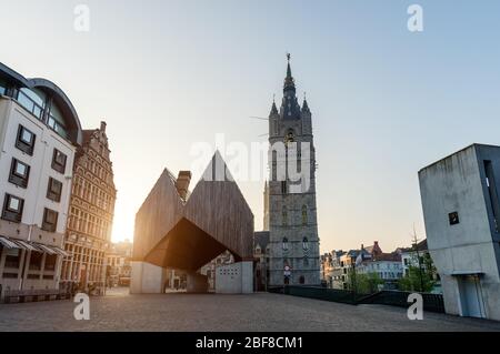 Ghent, Belgium - April 9, 2020: The 91 meter tall Belfry of Ghent. The tallest belfry in Belgium. Stock Photo
