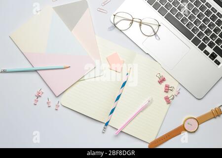 Set of school supplies with laptop on white background Stock Photo