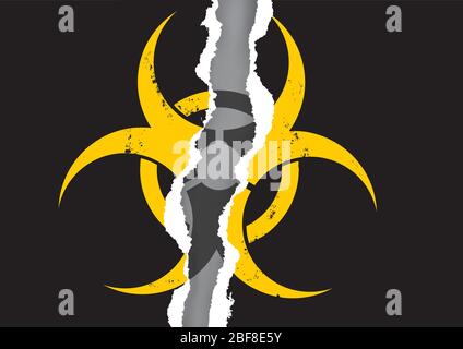 Ripped paper with biohazard symbol,hidden danger. Illustration of black torn paper backround with yellow biohazard icon. Vector available. Stock Vector