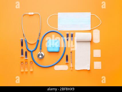 Set of medical supplies on color background Stock Photo