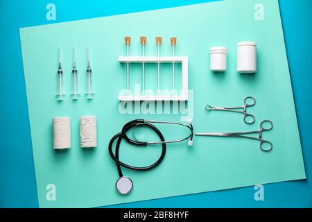 Set of medical supplies on color background Stock Photo