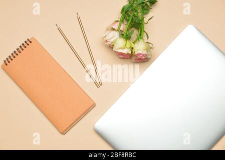 Set of school supplies with laptop and flowers on color background Stock Photo