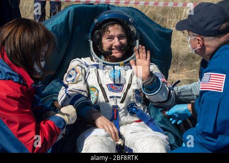 Zhezkazgan, Kazakhstan. 17th Apr, 2020. Expedition 62 crew member Jessica Meir of NASA is moments after landing aboard the Russian Soyuz MS-15 spacecraft in a remote area April 17, 2020 near the town of Zhezkazgan, Kazakhstan. NASA astronauts Andrew Morgan, Jessica Meir and Roscosmos cosmonaut Oleg Skripochka returned from the International Space Station. Credit: Andrey Shelepin/NASA/Alamy Live News Stock Photo