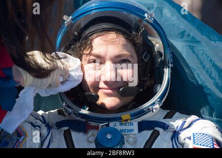 Zhezkazgan, Kazakhstan. 17th Apr, 2020. Expedition 62 crew member Jessica Meir of NASA is moments after landing aboard the Russian Soyuz MS-15 spacecraft in a remote area April 17, 2020 near the town of Zhezkazgan, Kazakhstan. NASA astronauts Andrew Morgan, Jessica Meir and Roscosmos cosmonaut Oleg Skripochka returned from the International Space Station. Credit: Andrey Shelepin/NASA/Alamy Live News Stock Photo