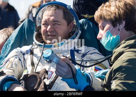 Zhezkazgan, Kazakhstan. 17th Apr, 2020. Expedition 62 crew member Oleg Skripochka of Roscosmos moments after landing aboard the Russian Soyuz MS-15 spacecraft in a remote area April 17, 2020 near the town of Zhezkazgan, Kazakhstan. NASA astronauts Andrew Morgan, Jessica Meir and Roscosmos cosmonaut Oleg Skripochka returned from the International Space Station. Credit: Andrey Shelepin/NASA/Alamy Live News Stock Photo