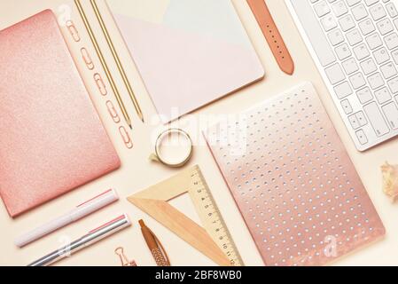 Set of school supplies with computer keyboard on color background Stock Photo
