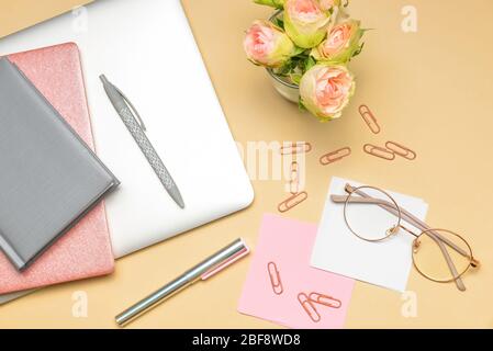Set of school supplies with laptop on color background Stock Photo