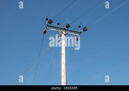 A wooden high voltage electricity pole with ceramic insulators seen against a blue sky, in the UK countryside Stock Photo