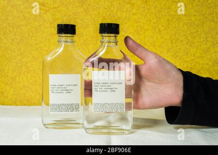 Brooklyn, New York, USA - March 28, 2020: Bottles of hand sanitizer produced by Kings County Distillery. The Distillery that usually produces whiskey Stock Photo