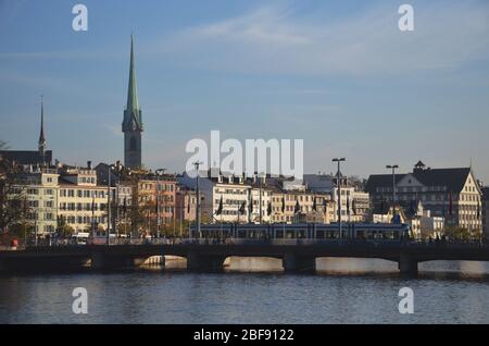 Zurich and Limmat river, grossmunster church in background Stock Photo