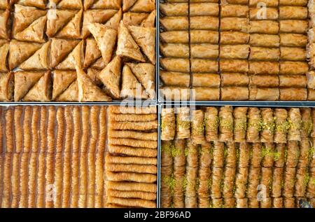 Baklava, a traditional, rich, sweet dessert pastry very popular in Greece, Turkey, Middle east and elsewhere. Stock Photo
